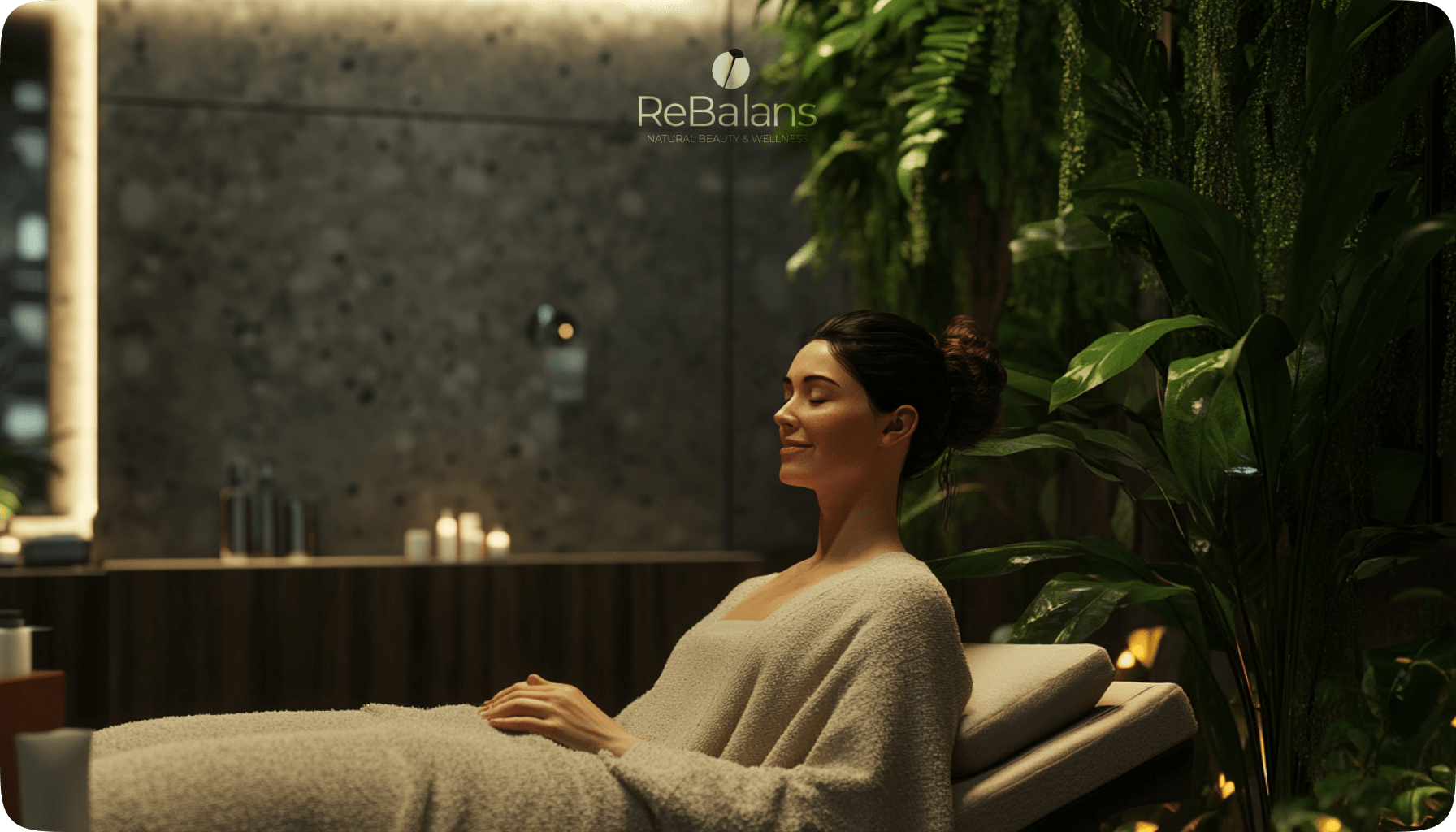 A woman is shown in a serene, dimly lit room, relaxing on a cushioned chair covered in a soft, beige blanket. She has her eyes closed and a calm, content expression on her face, suggesting deep relaxation. The backdrop features lush green plants, softly glowing candles, and a minimalist, stone-textured wall, creating a spa-like atmosphere. The soft lighting and natural decor emphasize tranquility and wellness. The logo of ReBalans, along with the text "Natural Beauty & Wellness," is subtly displayed at the top of the image.