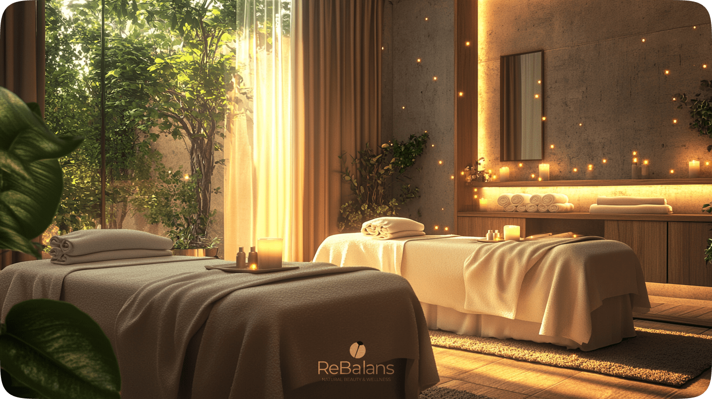 A peaceful, cozy spa room with two massage tables placed side by side, covered with soft white towels and lit by the warm glow of flickering candles. The room features neutral tones with soft, natural lighting coming through a large window. Gentle greenery in the corners adds a touch of nature. The atmosphere is serene and intimate, with two professional massage therapists standing ready at each table, creating a luxurious, relaxing setting for a duo massage.