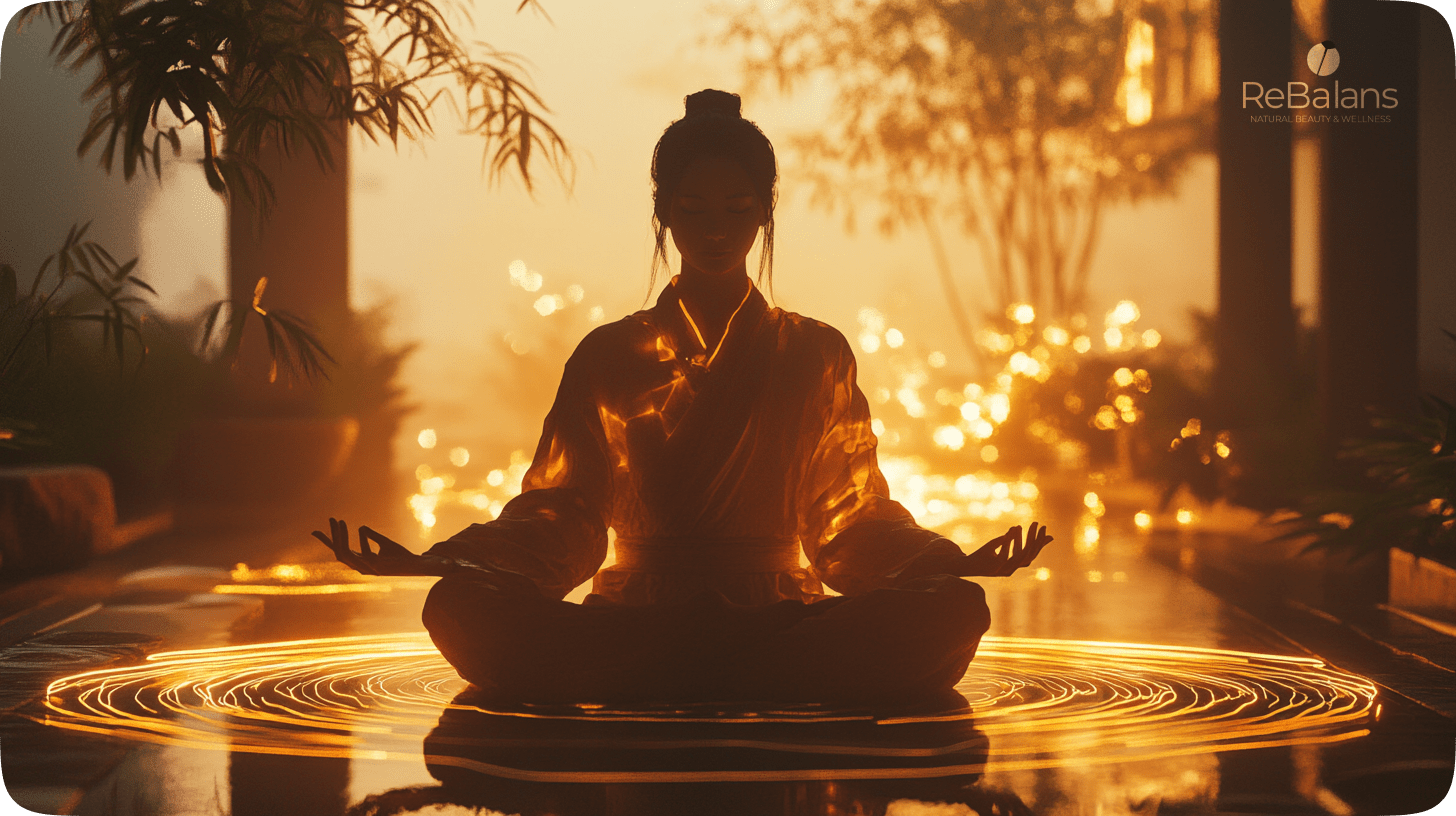 The image shows a serene scene of a person meditating in a seated, cross-legged position with palms open upward. The person is wearing traditional, flowing robes that subtly glow with warm, golden light, symbolizing inner energy or *Qi*. Surrounding the figure are circular, golden energy waves radiating outward, representing the flow of energy through the body. The background features soft, blurred plants and trees, creating a tranquil, nature-inspired atmosphere. The lighting is warm and ethereal, with soft golden hues enhancing the peaceful, harmonious mood. The logo for "ReBalans Natural Beauty & Wellness" is visible in the corner, reinforcing the wellness theme.