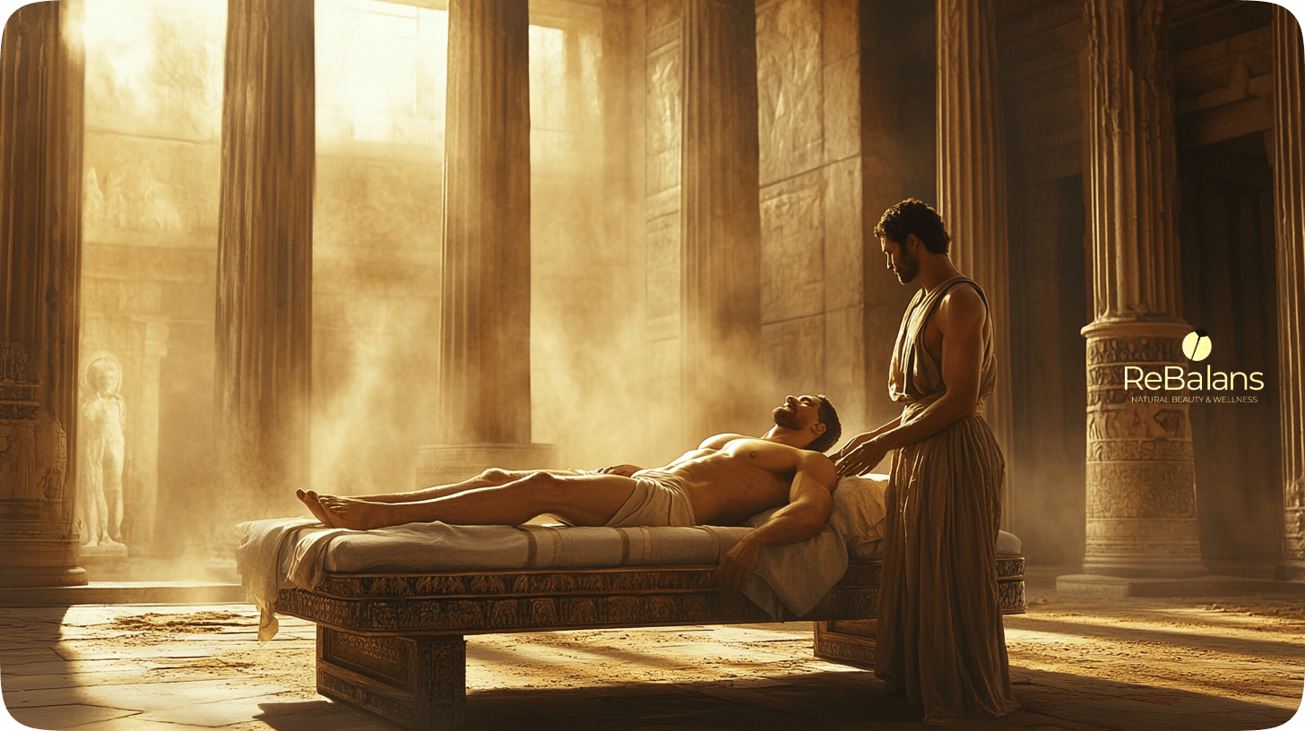 The image portrays an ancient, serene setting where a massage session takes place. A strong, relaxed man lies on a stone bed, draped lightly in a cloth, as another man, dressed in traditional, flowing robes, administers the massage. The environment suggests an ancient temple or palace with grand columns and statues in the background, softly illuminated by golden sunlight streaming through the pillars. The atmosphere is calm and ethereal, with dust particles suspended in the light, evoking a sense of timeless tranquility. The ReBalans Natural Beauty & Wellness logo is subtly placed in the corner, aligning the scene with the concept of wellness and therapeutic practices.