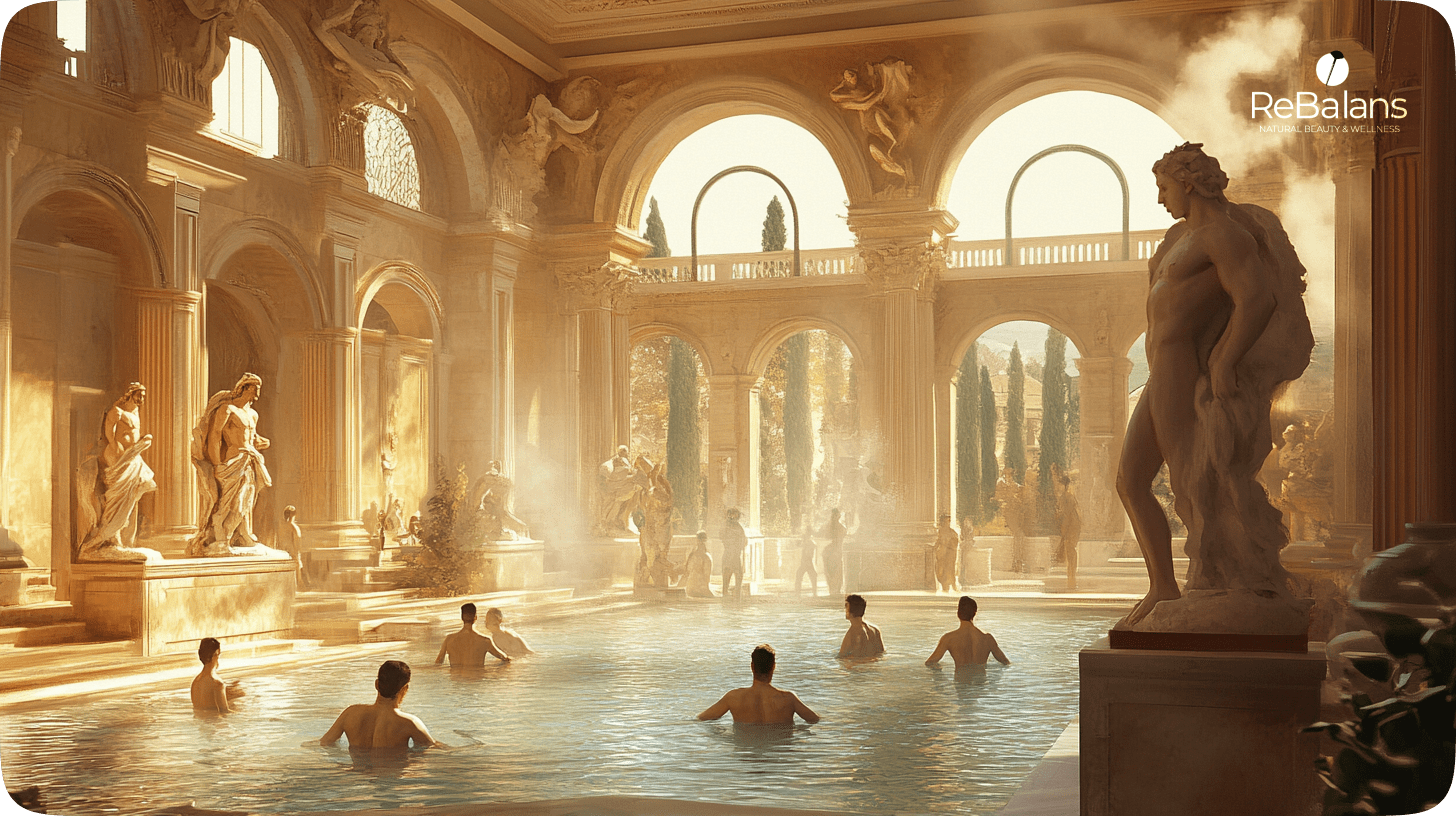 The image depicts a luxurious, Roman-style bathhouse with a large pool at the center. The architecture features grand columns and arches, decorated with classical statues and reliefs, evoking an ancient, opulent atmosphere. Steam rises gently from the water, adding a sense of warmth and relaxation. Several people are bathing in the pool, surrounded by golden light streaming through the high windows. Tall cypress trees are visible through the open archways, enhancing the tranquil, outdoor setting. The branding "ReBalans Natural Beauty & Wellness" appears in the top right corner, suggesting this image represents a wellness retreat or spa facility.