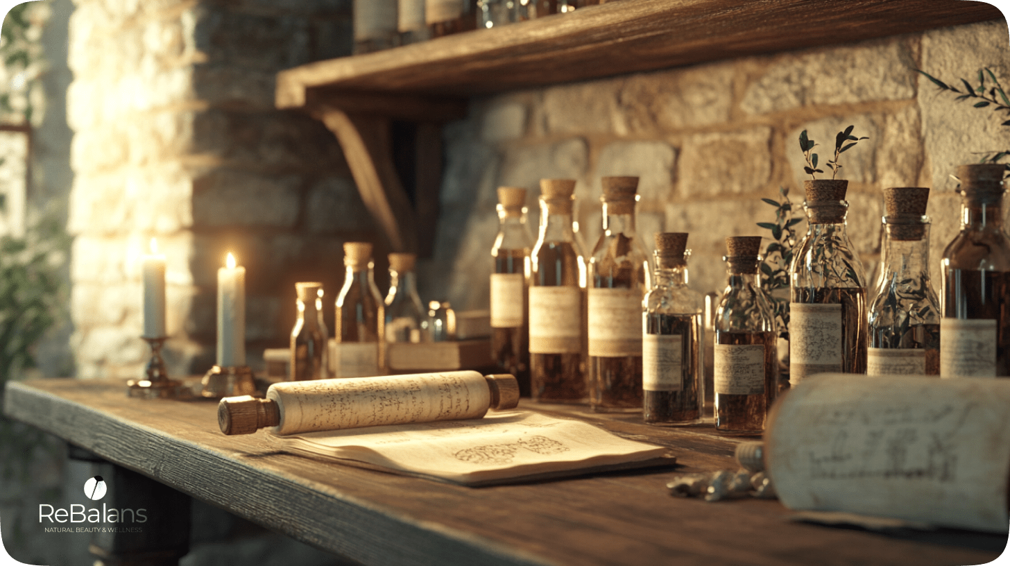 A rustic apothecary scene featuring wooden shelves lined with glass bottles filled with oils and herbs. A table below holds an open scroll and a book with anatomical sketches, illuminated by the warm glow of candlelight. The stone wall backdrop enhances the historical ambiance, reminiscent of a Renaissance-era healing room.